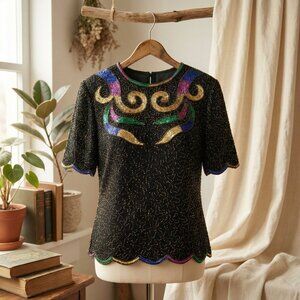 Vintage Hand-Embroidered Top - Indian Sequin Blouse - Boho Chic Size M